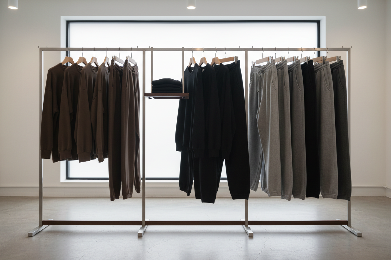design no named brand t shirts, pants, straight leg sweat pants, baggy hoodies on a clothing rack in espresso brown, black colour 1c1c1c, and grey.